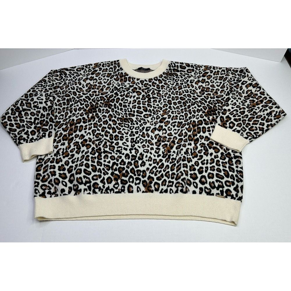 T Tahari Sweater Women's 3X Brown Cream Leopard Print Pullover w/ Small Flaw